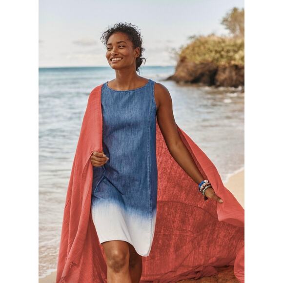 J. Jill Denim Dip Dye Sleeveless Dress Ombre Blue White 100% Cotton Size L - Picture 1 of 9